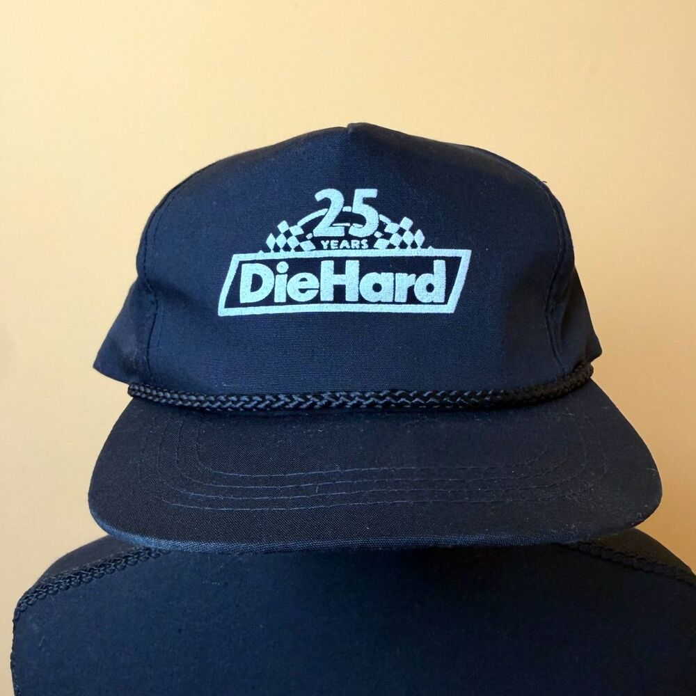 Vtg 80s 90s DieHard Battery 25 Years Black Trucker Rope Hat Snapback Cap Racing
